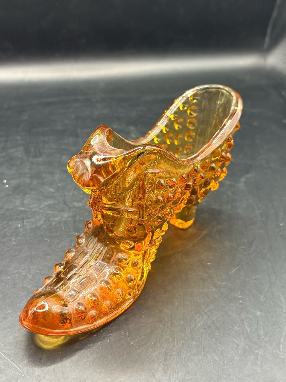 Amber Fenton Cat Head Glass Hobnail Shoe